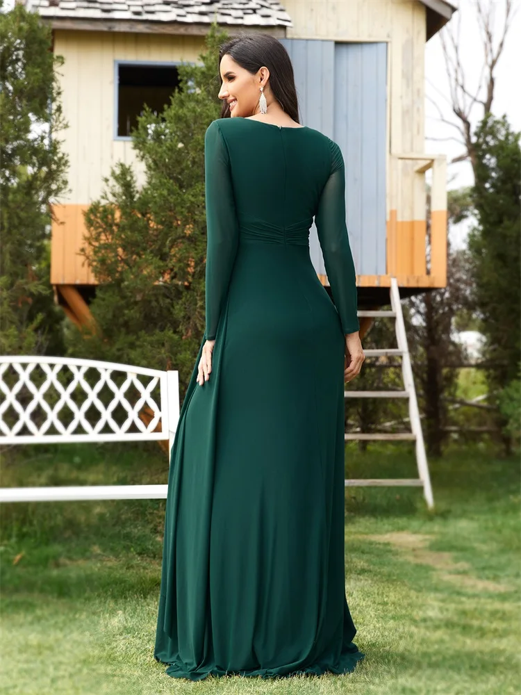 Lucyinlove Elegant Green Long Sleeve Formal Evening Dresses 2024 Luxury Stretch Chiffon Wedding Party Prom Bridesmaid Dress Gown