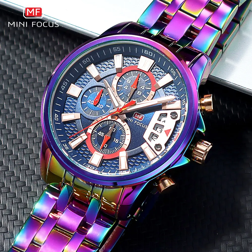 MINI FOCUS Motley Watches for Men Fashion Sport Chronograph Quartz Wristwatch with Date Luminous Hands Stainless Steel Strap Man