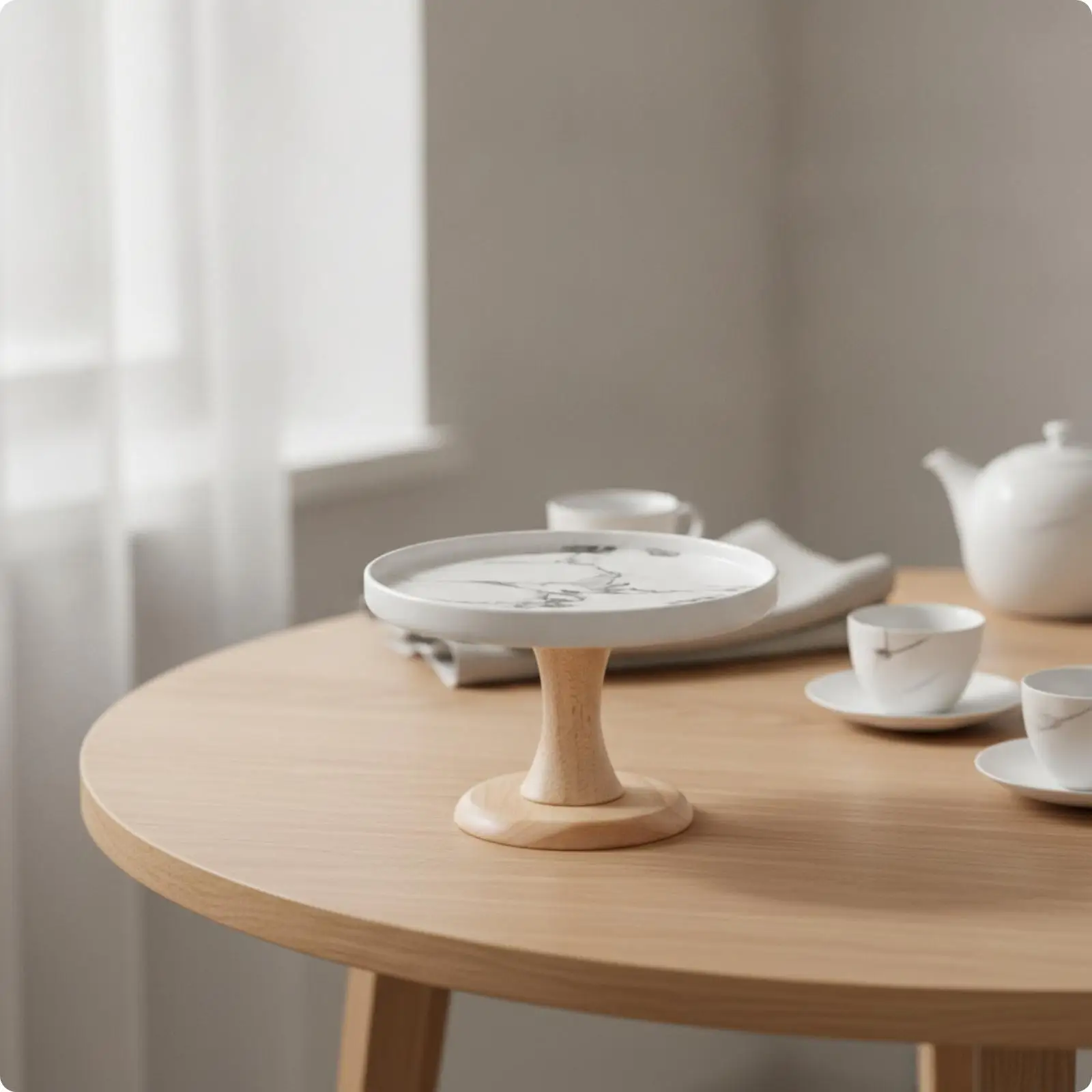 Decorative Ceramic Cake Stand with Marble Finish and Oak Pedestal for Wedding Dessert Table and Tea Time Display