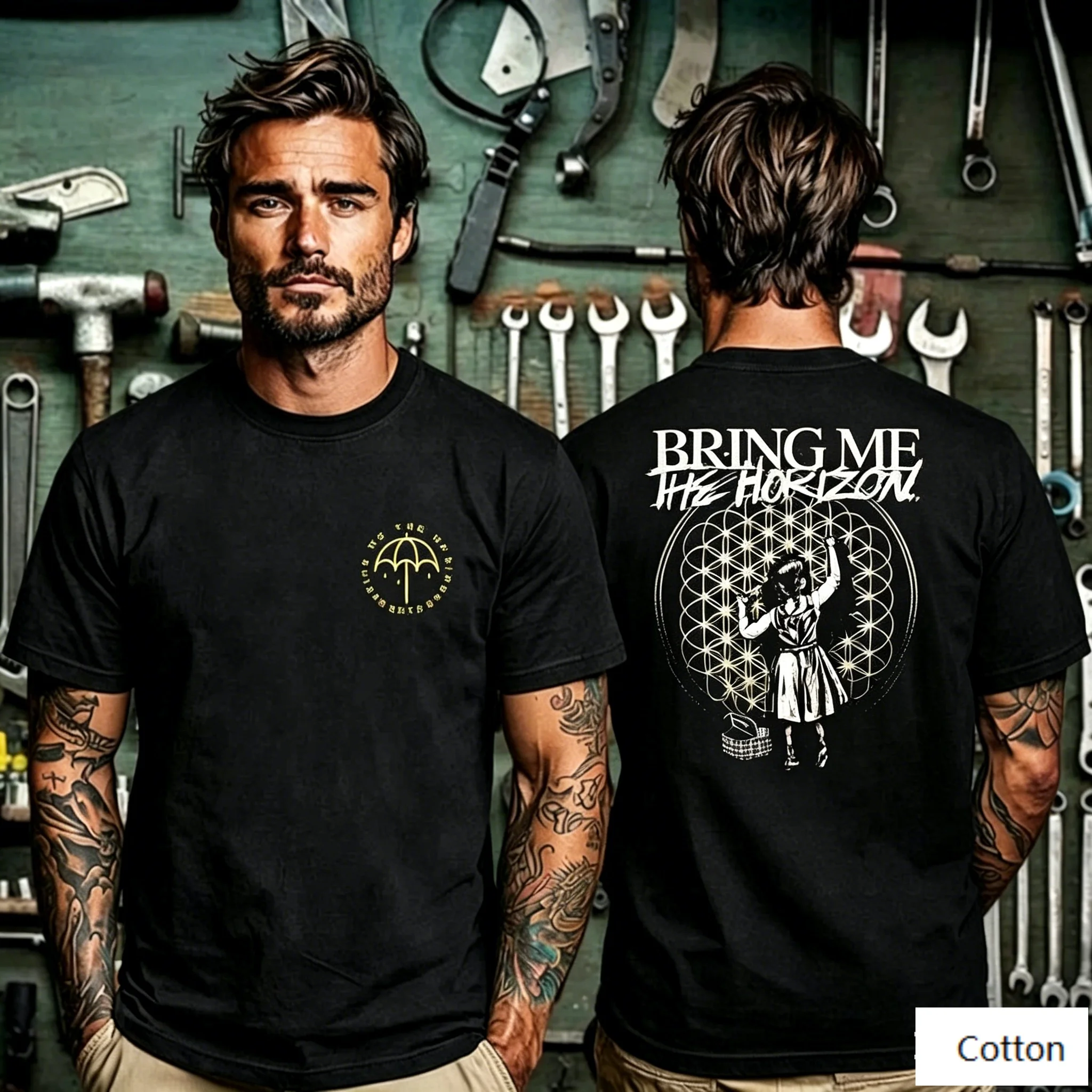 Camiseta de algodão com estampa de guarda-chuva Bring Me The Horizon, camiseta casual preta com estampa Sempiternal Flower of Life