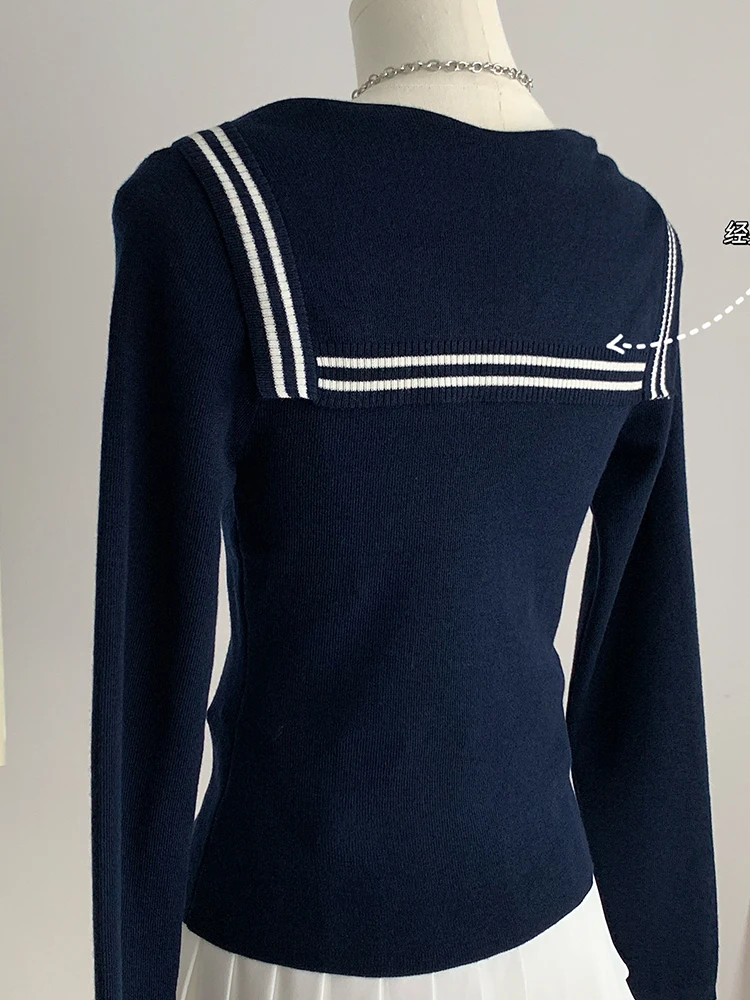 Autumn Women Korean Vintage Preppy Long Sleeve Sailor Collar Knit T-Shirts 2000s Aesthetic Top Kpop Coquette Jumper Knitwears