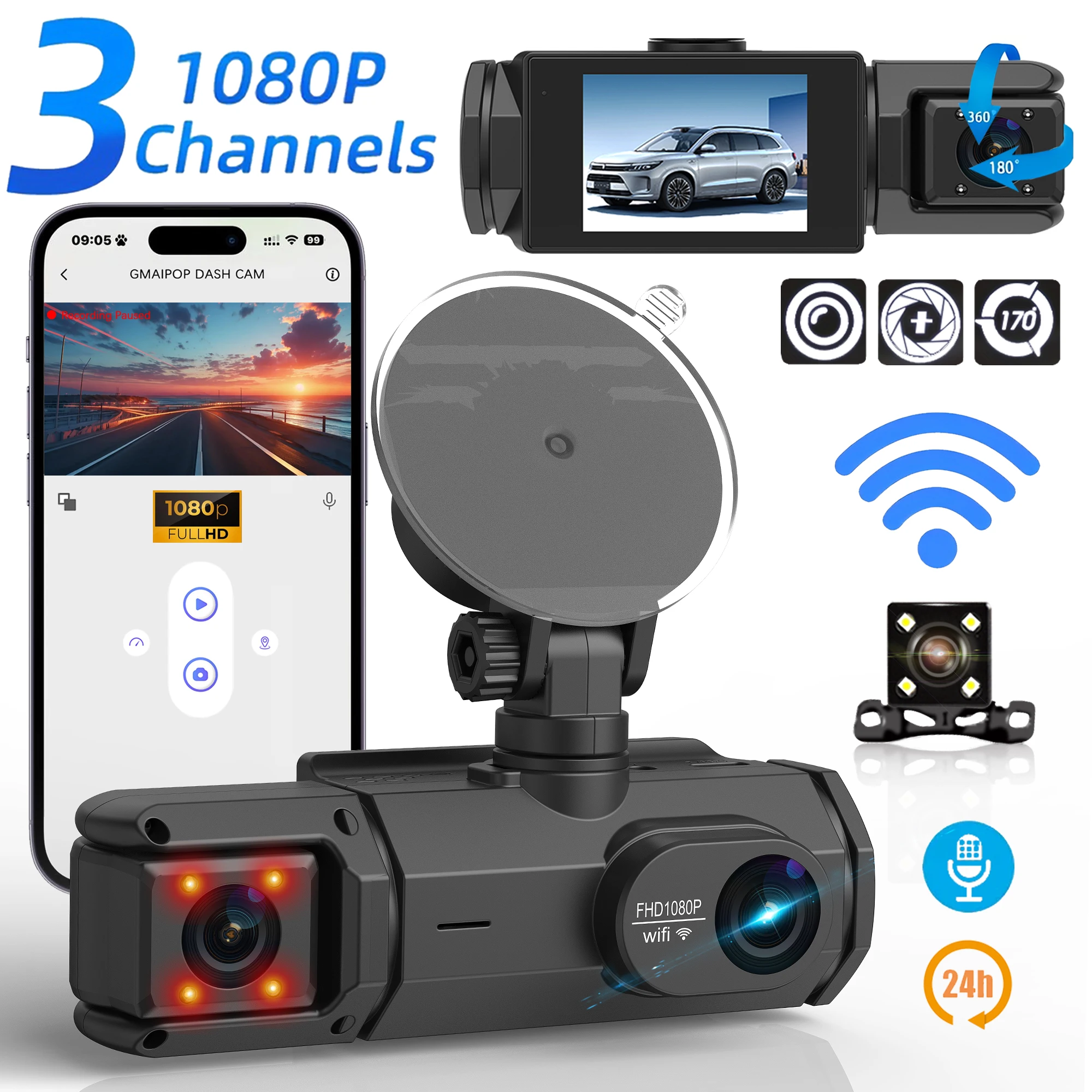 1080P WIFI Camera for cars, 3/2Channel Dash cam Front Inside and rear car DVR with IR Night Vision Loop Recording Wide angle cam