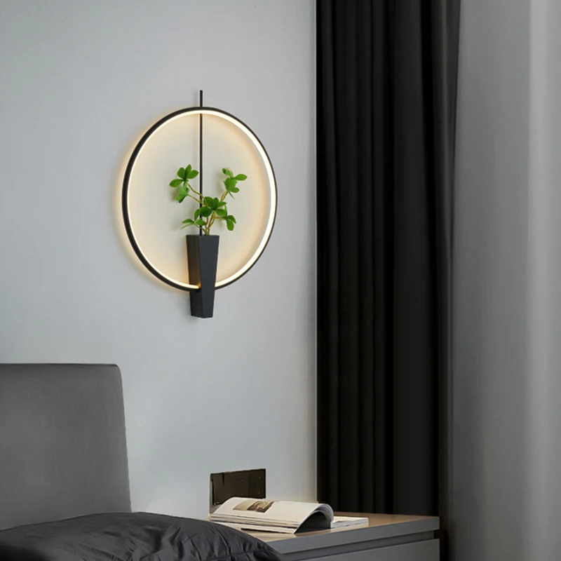 

2025 Aluminium Ring Wall Lamp 3000K White Black Without Plants Sconce For Hotel Living Room Shop Bedroom Home Deco