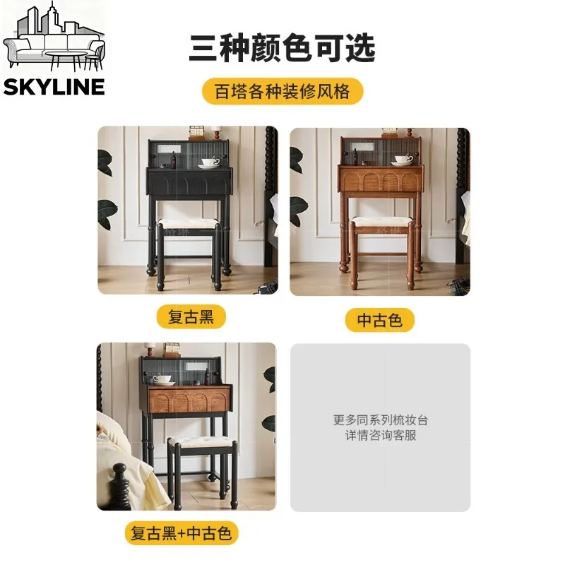 Piano Style Ash Wood Dressing Table, Retro Drawer Vanity for Small Apartment Bedroom