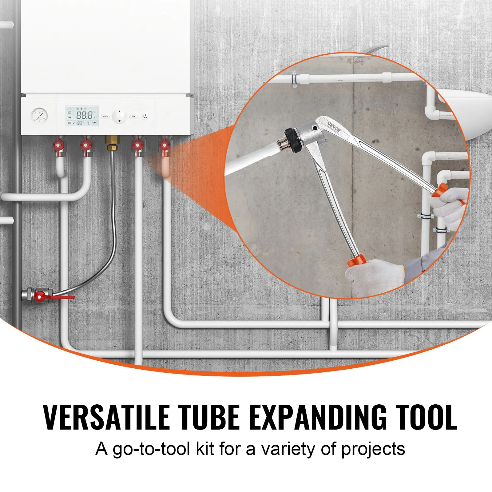 VEVOR Pipe Tube Expander Manual Hydraulic PEX Tubing Expanding with 3 Expansion Heads Pipe Cutter Tool for Copper Pipe Repairing