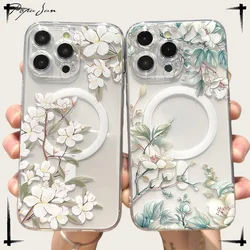 Transparent With Magsafe Magnetic Flower Branch Case For iPhone 17 16 13 12 14 15 11 Pro Max Plus Wireless Charge Cover Funda