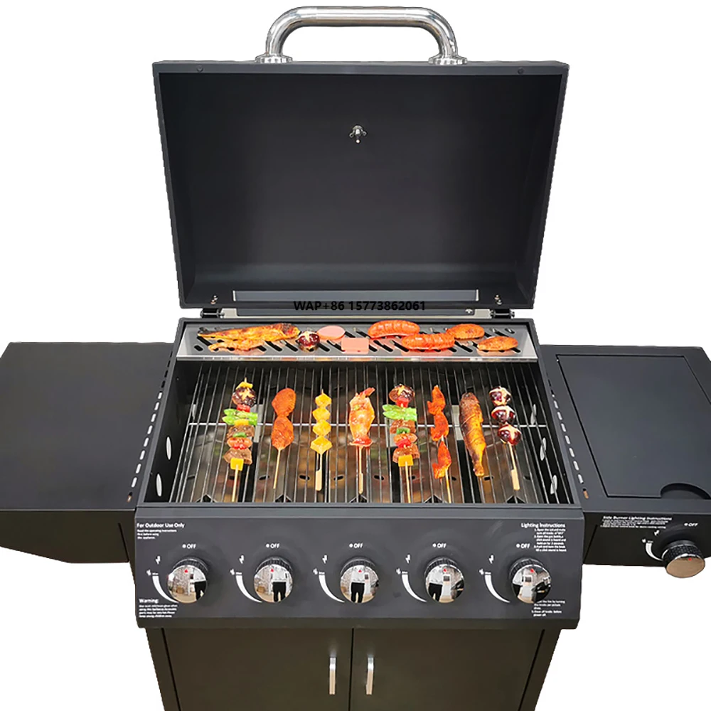 

Outdoor Stainless Steel Gas Grill 5+1 Burner Side Table Portable for Garden Kitchen Propane Gas Type Powder Coated