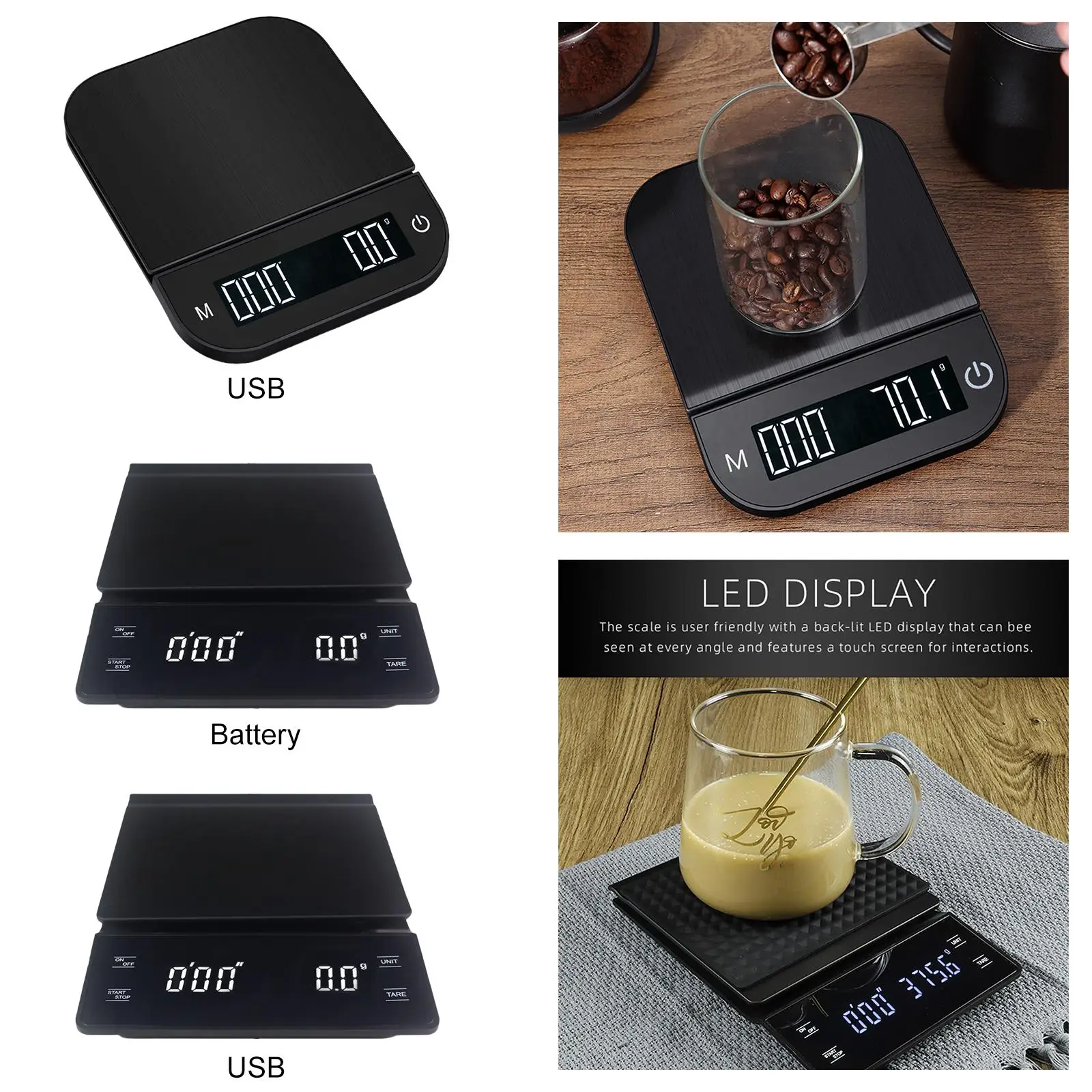 Portable Drip Espresso Scale LED Display High Precision 3 kg/0.1 G Measuring