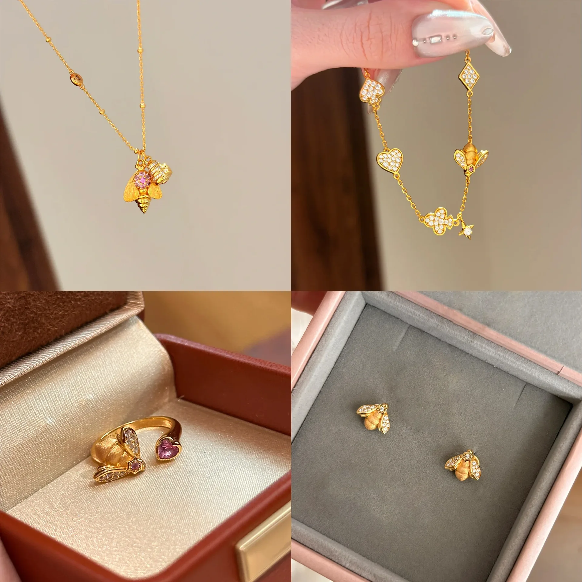 

Foydjew Italian Retro Bee Design Necklaces Gold Color Earrings Bracelets Heart-shaped Pink Zircon Rings Jewelry Sets For Women