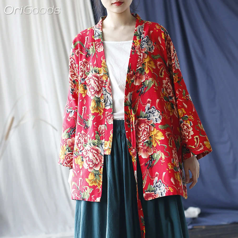 

OriGoods Flower Print Red Kimono Shirt Women Japanese Vintage Clothing Cotton Linen Oversized Kimono Shirt Tops 2024 New X020