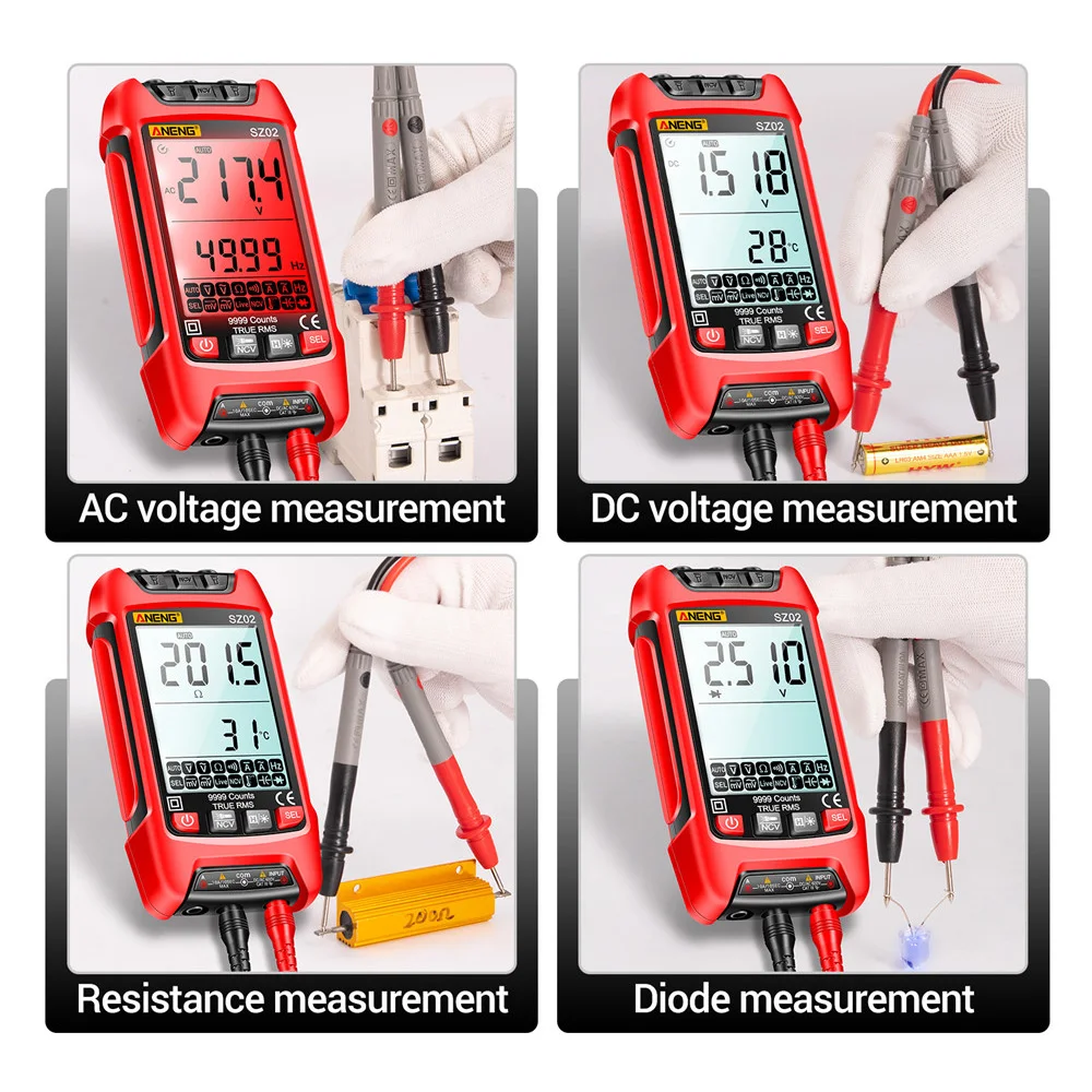 Alcance Automático Multímetro Digital, 9999 Contagens, TRMS, AC, DC Voltímetro, Amp, NCV, Capacitância de Resistência, Temp, Transistor Tester,