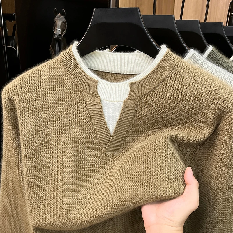 Fashion fake two-piece men's new knitted pullover comfort casual high-end autumn winter unique V-neck round neck spliced sweater