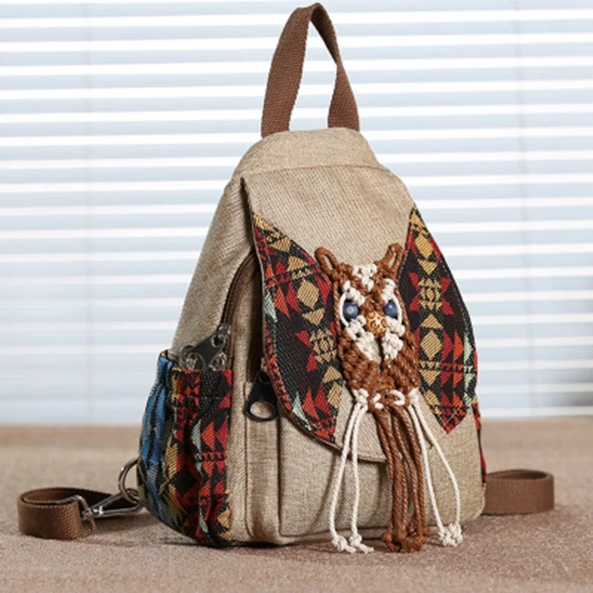 Handmade Canvas Backpack Women Vintage Weave Bag New National Tassel Backpack For Female Splice Owl Pattern Travel Bag