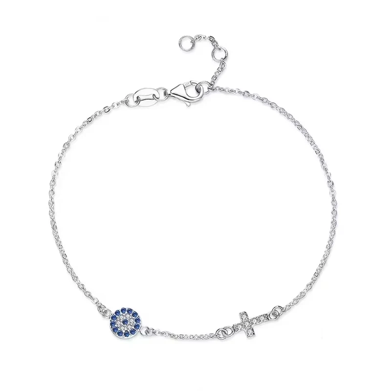 TONGZHE 925 Sterling Silver Hamsa Lucky Evil Eye Cross Bracelet Wonder Women Small Blue Cystal Stones Fine Wedding Jewelry