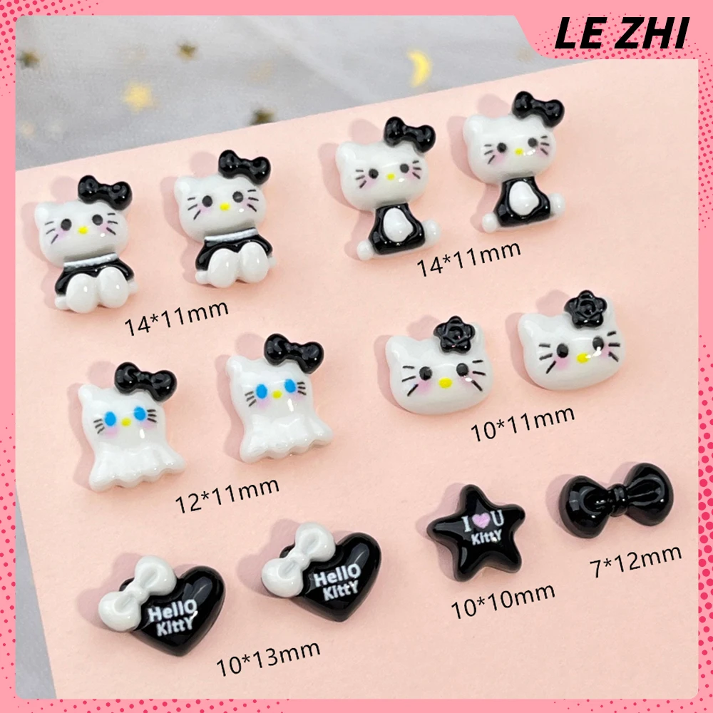 Kawaii Cartoon Black White 20Pcs Hello Kitty Nail Art Charm Love Bow Star Ghost Full-Body Cat Diy Accessories Party Sticker