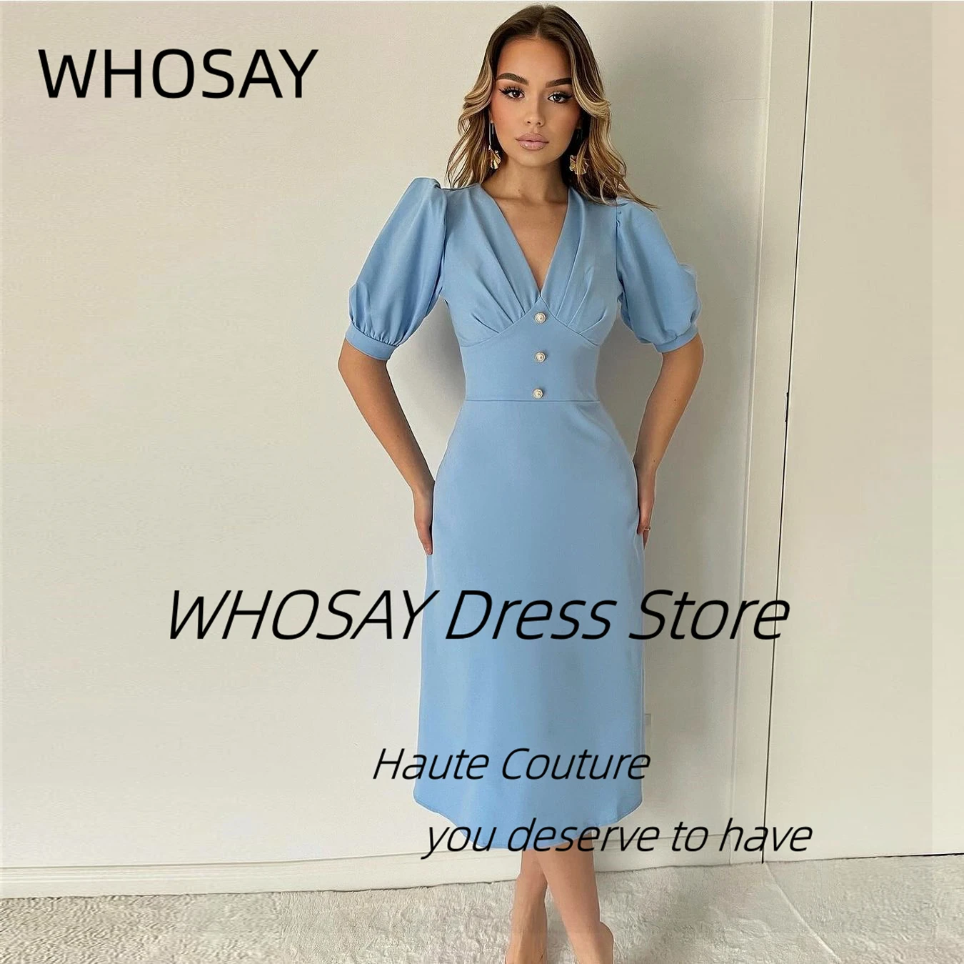 WHOSAY Tea Length Short Prom Dresses V Neck Buttons Cocktail Party Night Club Gowns Half Sleeves Evening Dresss