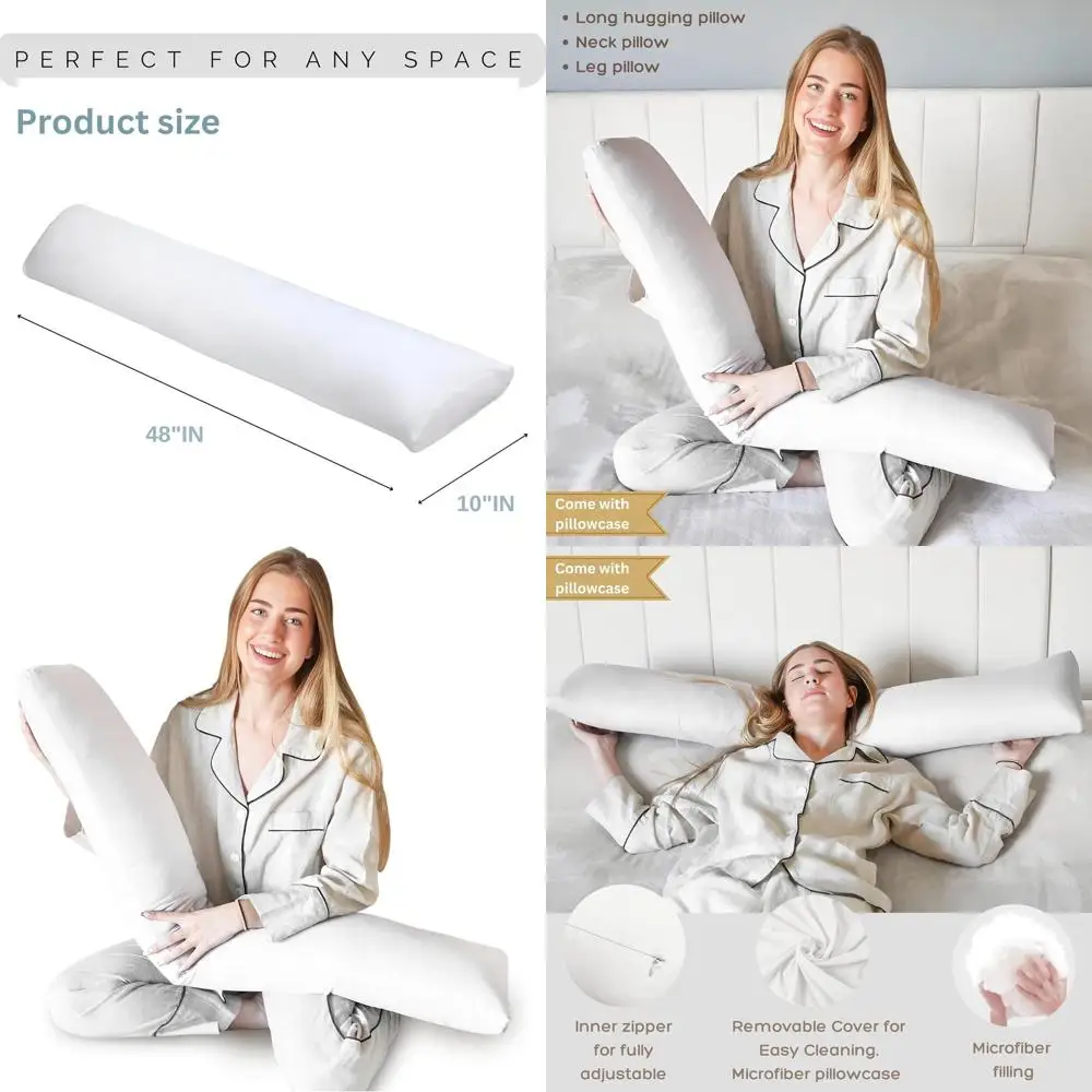 

9x48 Side Sleeper Full Body Pillow with Polyester Fill and Adjustable Core, White Cover Included
