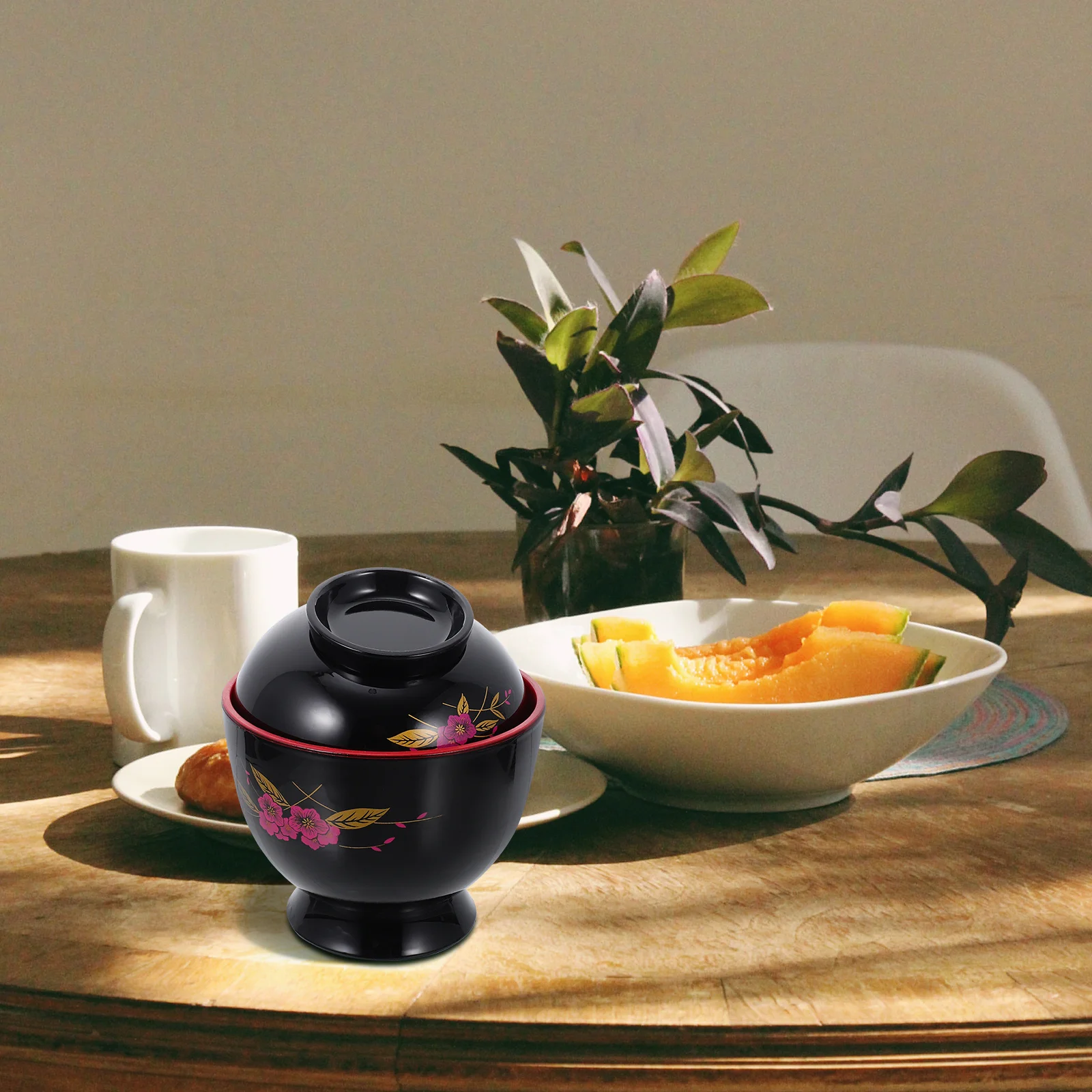 

1Pcs Japanese Style Miso Soup Bowl Black Plastic with Lid for Kitchen Tableware Cooking Rice Noodles Salad Snacks