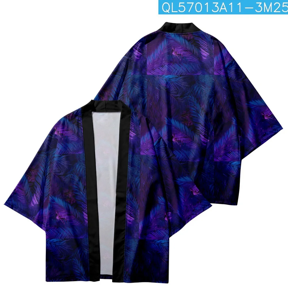 

Leaves Print Kimono Fashion Japanese Style Men Women Cardigan Haori Obi Summer Beach Oversized Asian Clothes