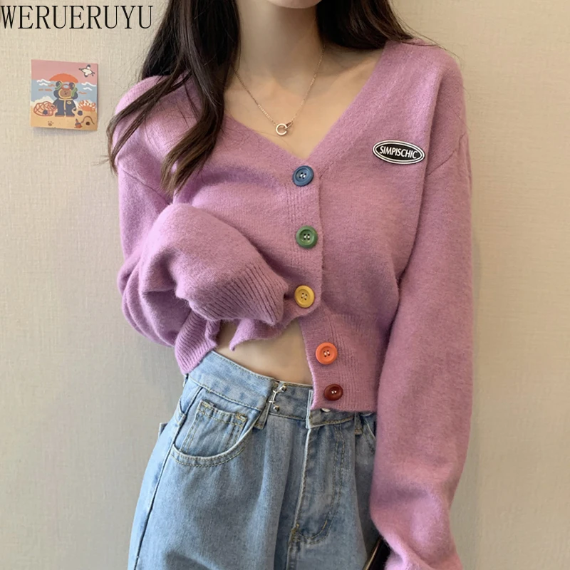 WERUERUYU Early Autumn New 2020 Autumn Knit Sweater Top V Neck French Soft Milk Blue Sweater For Women Light Languid