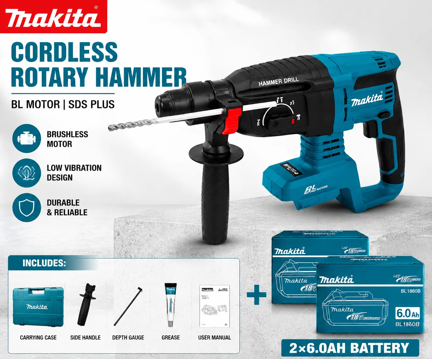 Original Makita DHR242 18V Bürstenloser Bohrhammer-Kit 24mm SDS Plus 2,0J 4700 BPM 3-Modus Betonhammer mit BL1860B BL1840 6,0Ah Akku-Ladegerät Schneller EU-Versand