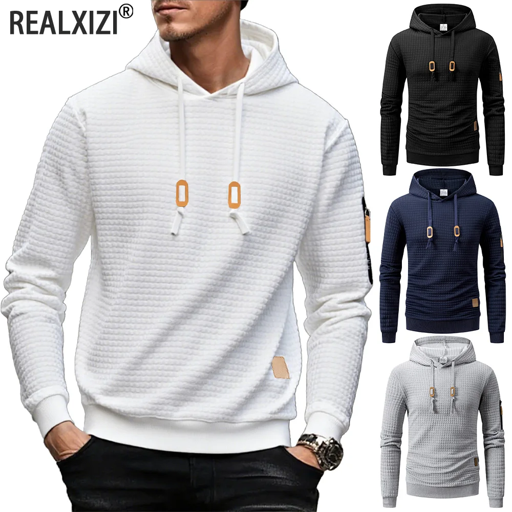 

Новинка 2025 года, однотонная мужская толстовка с капюшоном, весенне-осенняя теплая повседневная спортивная одежда, толстовки с длинными рукавами, жаккардовые вязаные пуловеры в клетку