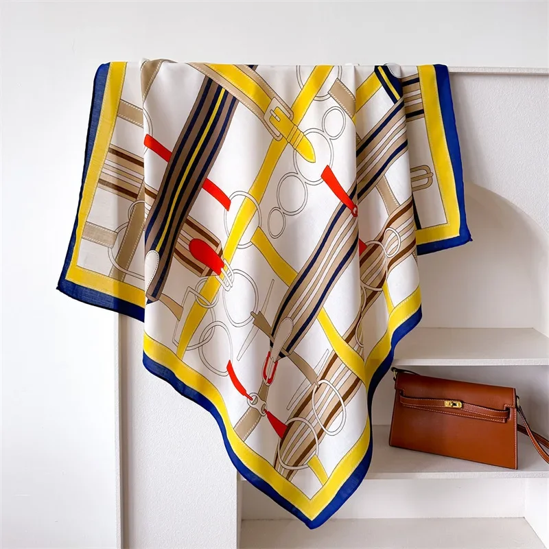 90*90 2024 New Fashion Light Luxury Silk Scarf Women Twill Simple Square Scarves Ladies Sunscreen Shawl Headscarf All Seasons image 6