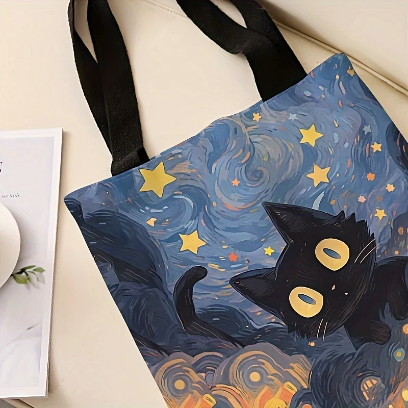 Borsa tote stampata con motivo gatto notturno nero Borse shopper a tracolla in tessuto di cotone per cartoni animati per borsa da donna Borsa riutilizzabile pieghevole ecologica