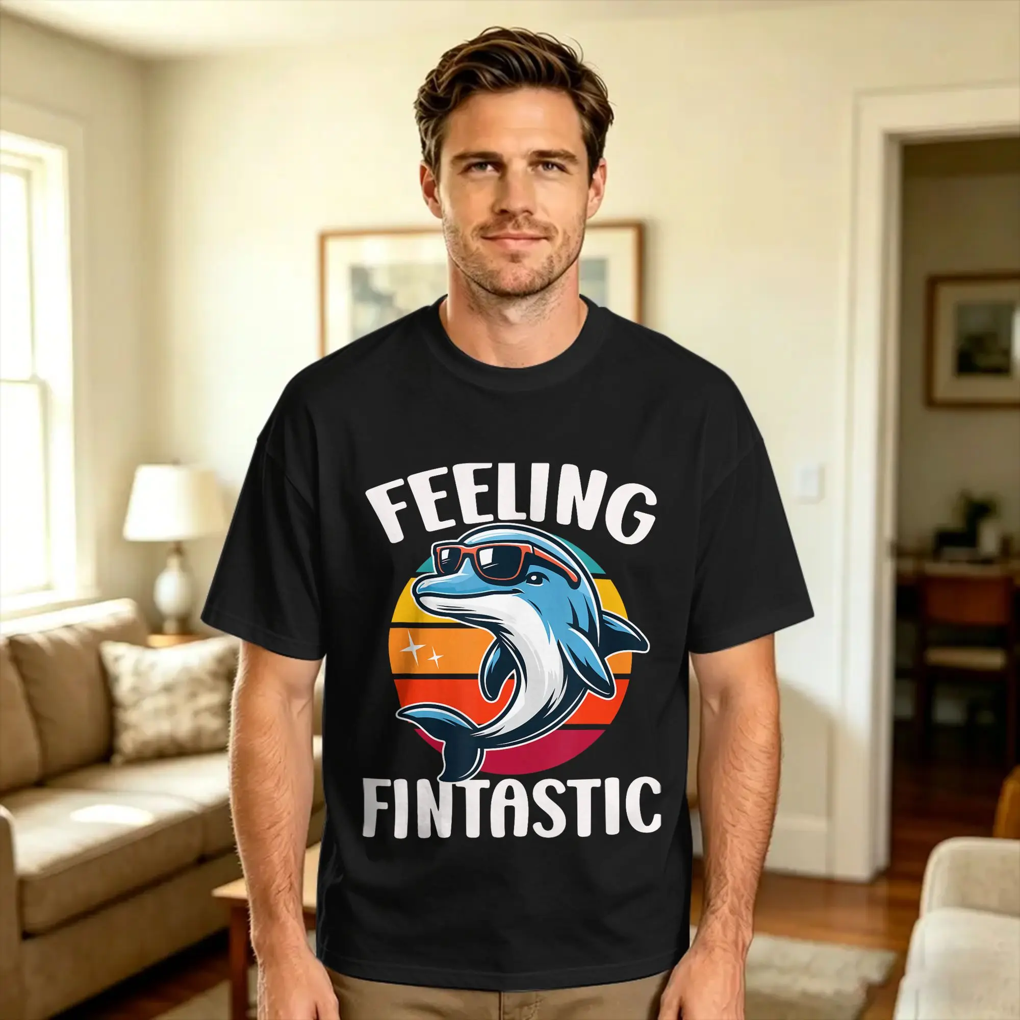 Feeling Fintastic Funny Dolphin T-Shirt Beach  Cotton T-Shirts For Mens Casual Tee Shirt Short Sleeve Funny Tops