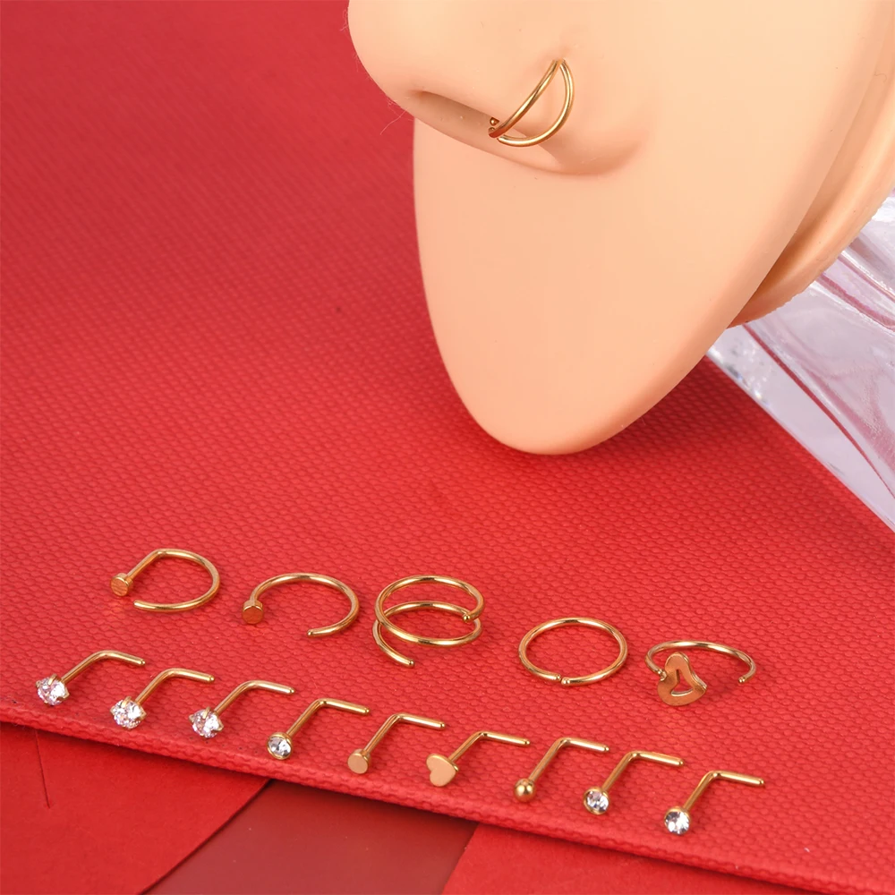 15Pcs/Set Stainless Steel Nose Ring Nose Stud Earrings Punk Bend Nose Stud Septum Piercing Jewelry Classical D Shaped Nose Ring