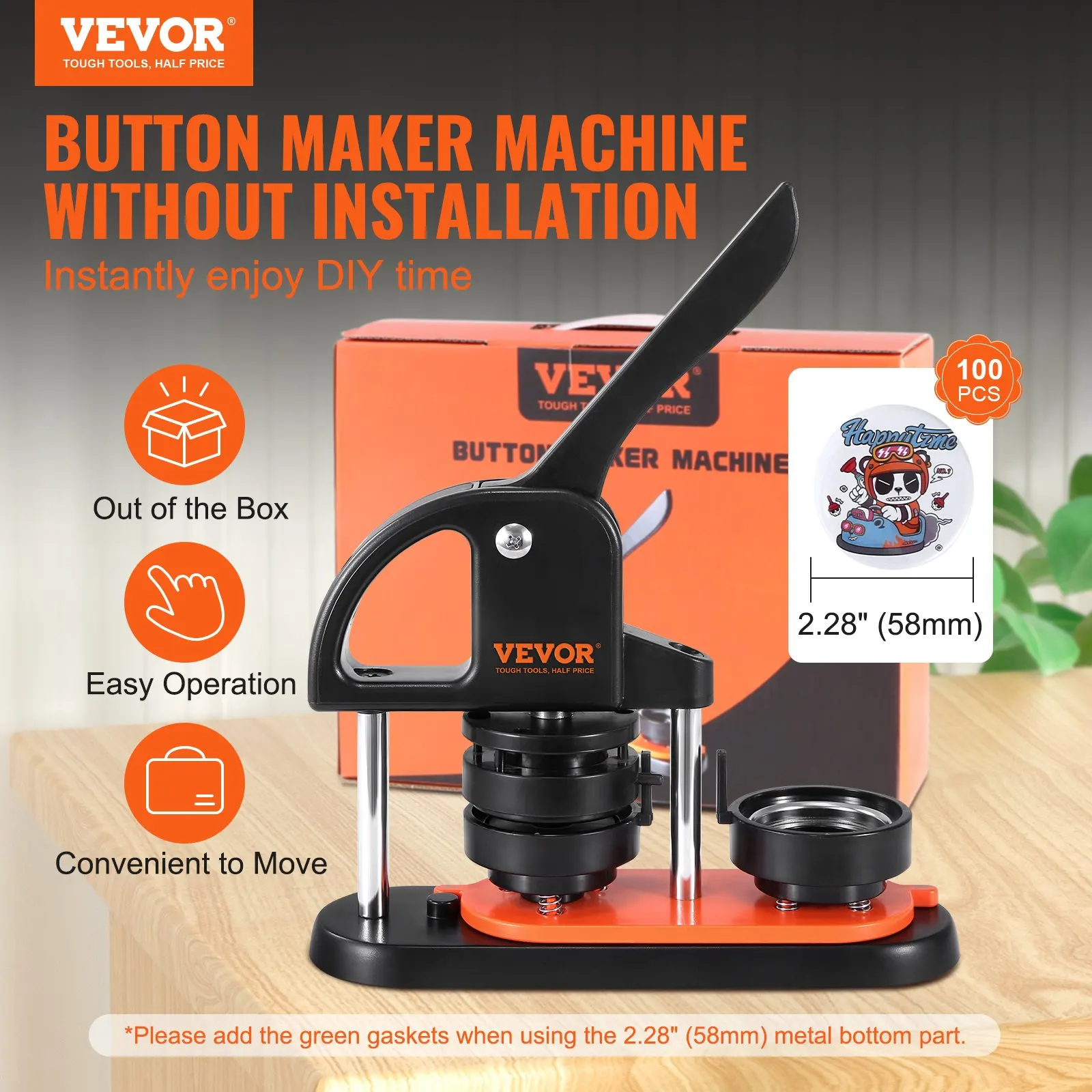 Button Maker Machine, 2.28 Inch 58mm Pin Maker With 100pcs Button Parts, Ergonomic Arc Handle Punch Press Kit, Button Maker