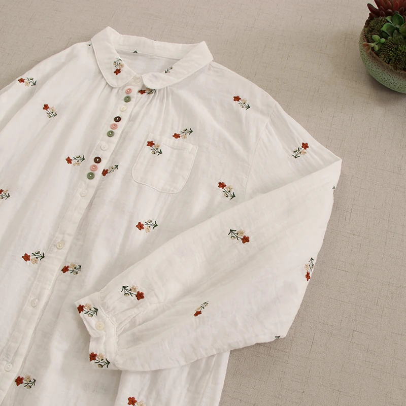 Mori Kei Clothing Japanese Mori Girl Sweet Flower Embroidery Cotton Shirt Women Turn Down Collar Long Sleeve Casual Blouse Tops