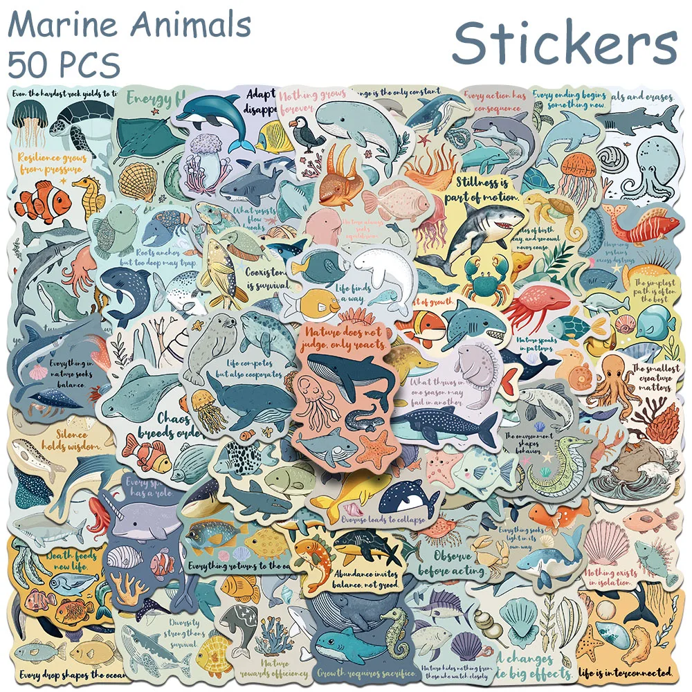 50pcs Marine Animals Graffiti Stickers Decals For Laptop Scrapbook Suitcase Skateboard Helmet DIY Aesthetic Waterproof Stickers