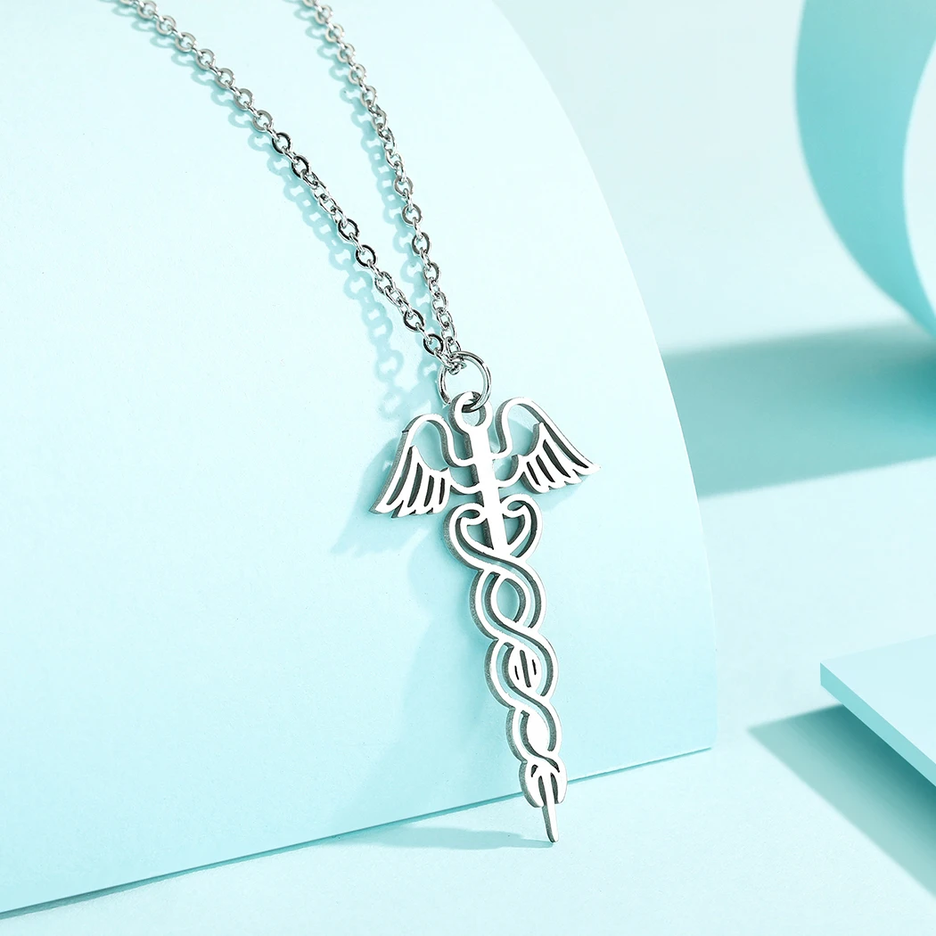 Kinitial exquisite stainless steel Caduceus Pendant of Health Necklace of God Hermes jewelry Christma gift girlfriend