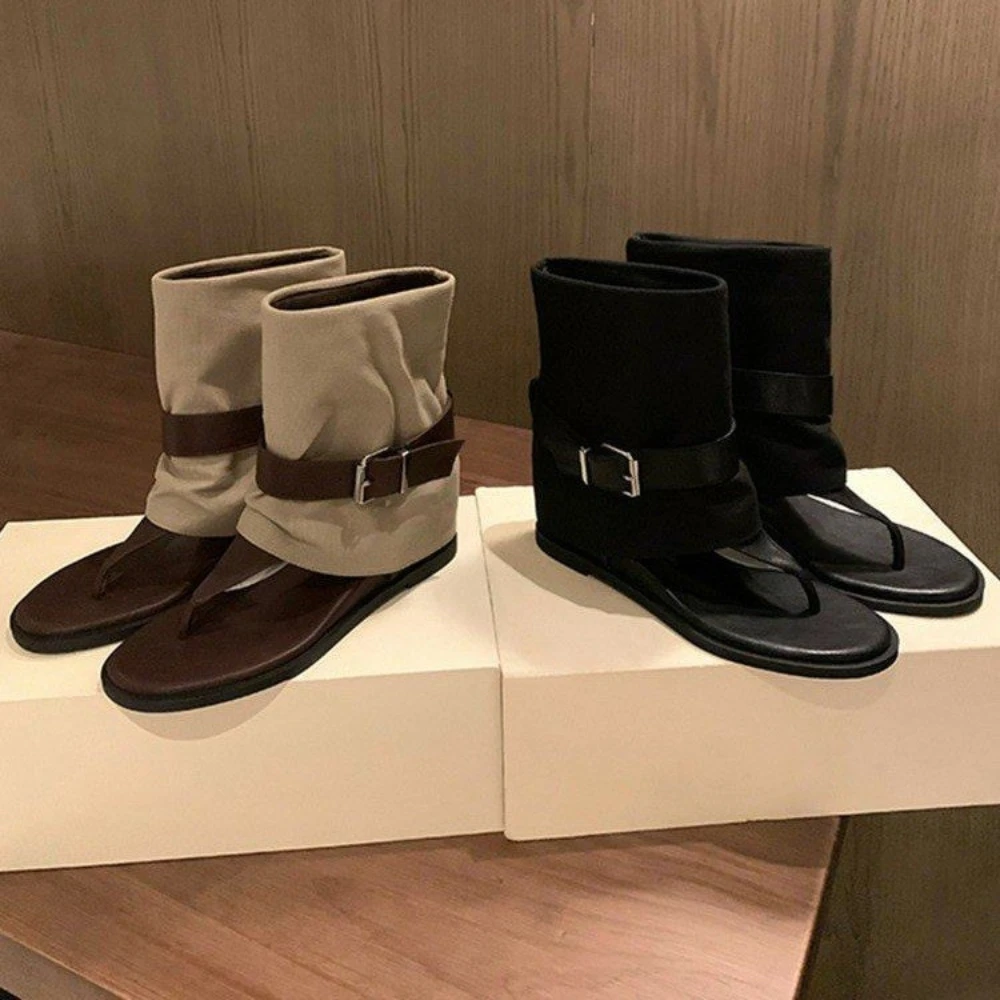 Vintage Color Block Toe Ring Sandals for Women, Fold-Over Suede Roman Boots with Belt Buckle, Flat Heel Gladiator Shoes for view 5