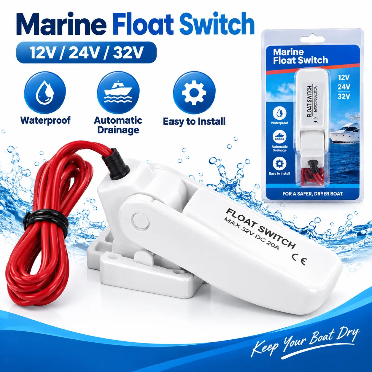 12V DC Marine Float Switch Bilge Pump Automatic Electric Water Pump Boat Water Level Controller Flow Sensor Switch for Yacht