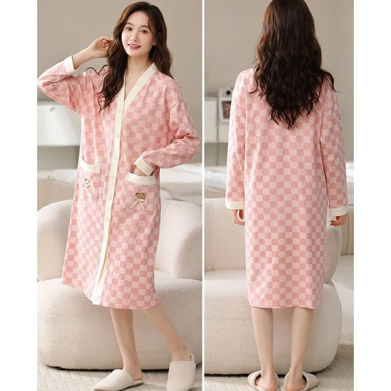 2024 New Nightdress Women Spring Autumn Double-sided Cotton Sleepshirts Long Sleeve Sleepwear Plaid Winter Midi Dress Pajamas