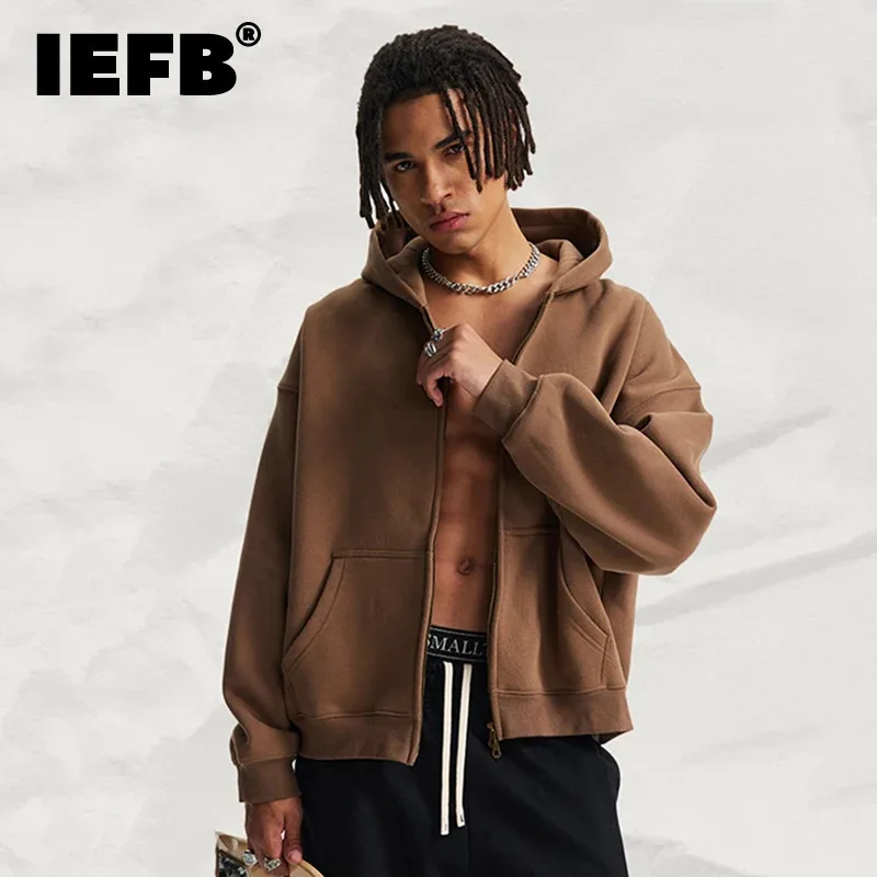 IEFB New Simple Men's Hoodies Solid Color American Style Big Pocket Hooded Zipper Loose Fleece Male Sweatshirts Stylish 9X1424