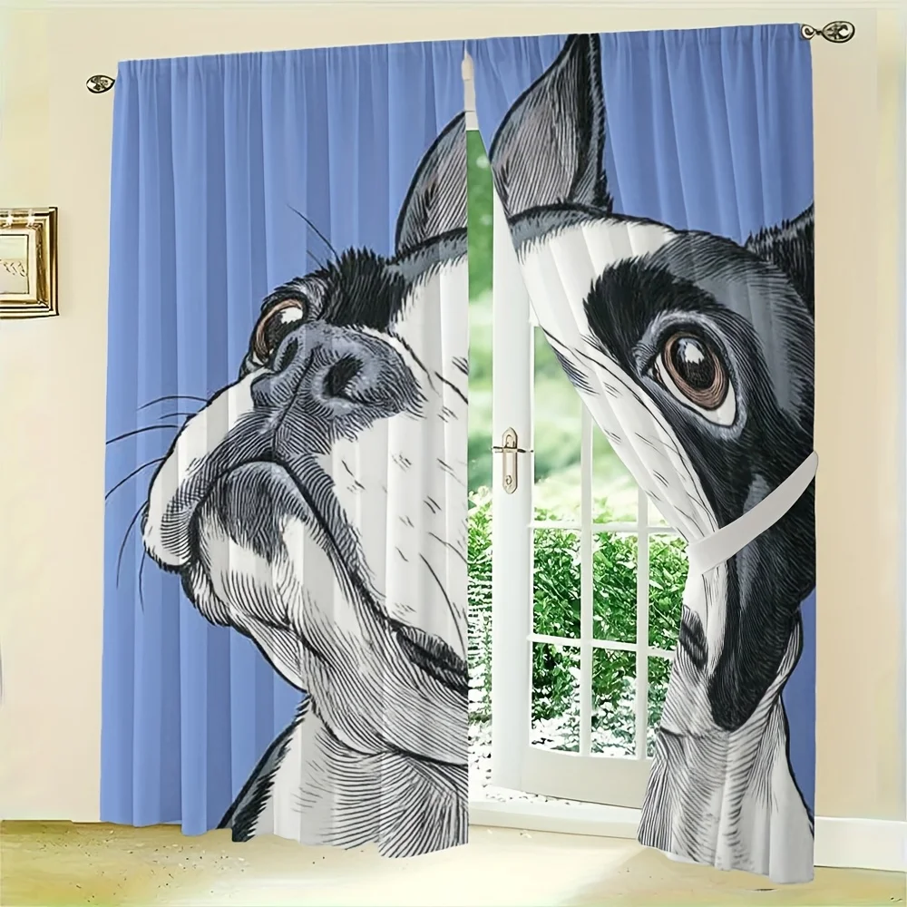 2pcs Boston Terrier Illustration Curtains No Rod — Light Blue Background, Black & White Ink-Drawn Dog Face, Sheer Polyester for