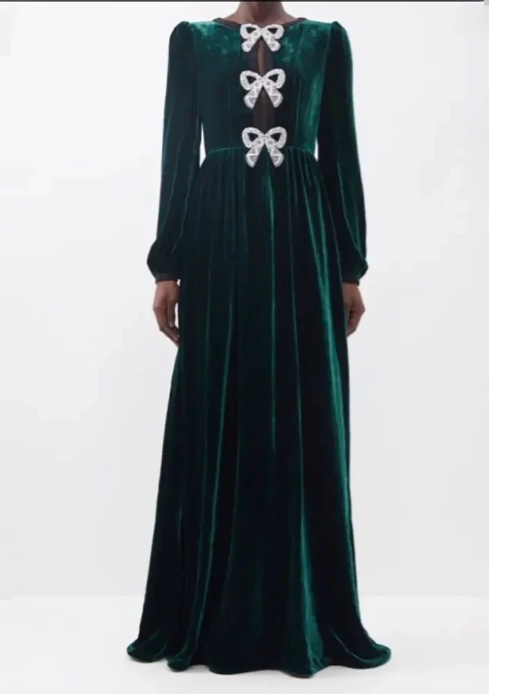 Vestidos de Fiesta de terciopelo verde con cuello redondo para mujer, mangas largas hasta el suelo, línea A con lazo, vestidos de noche elegantes rectos hechos a medida