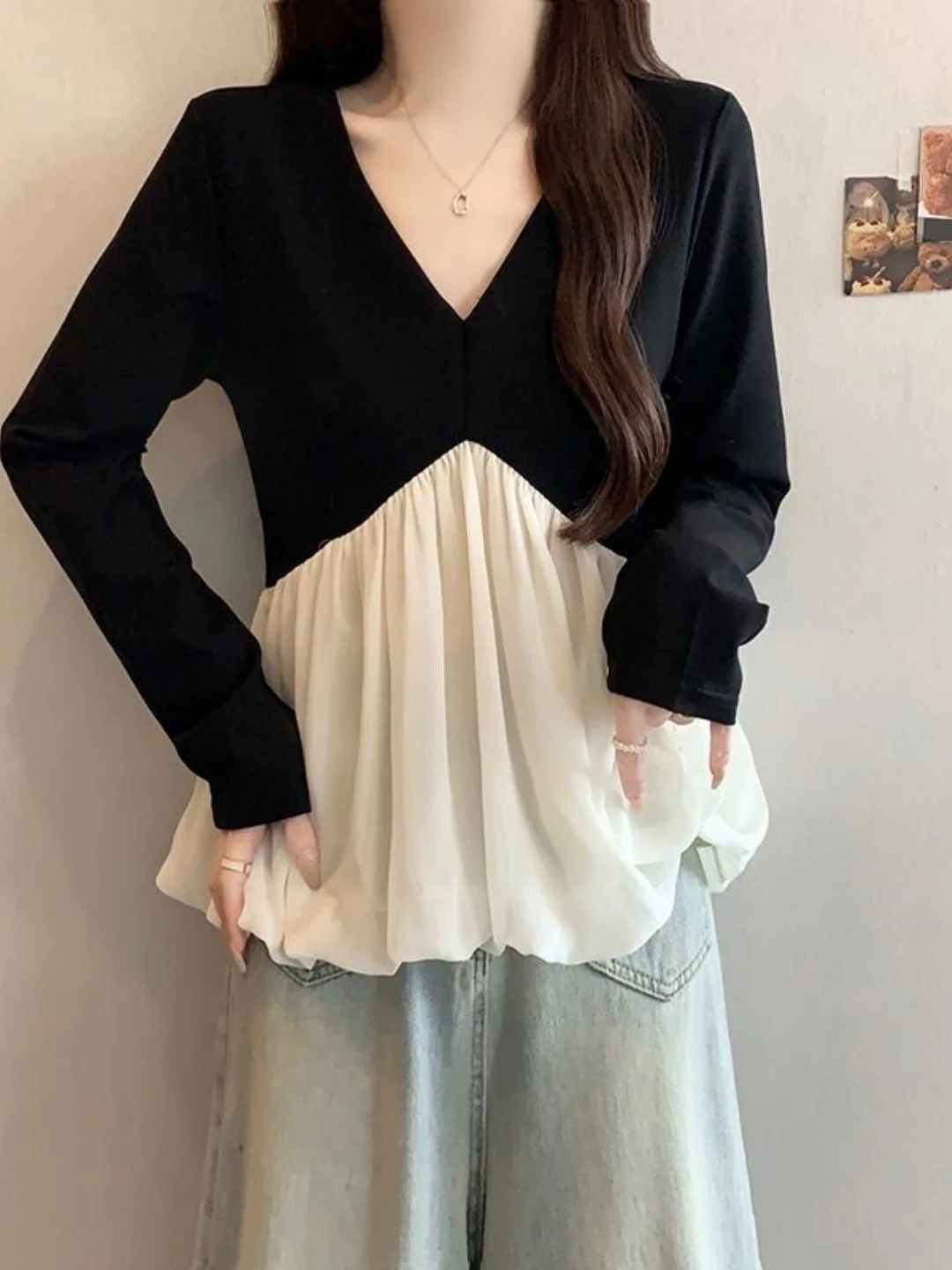 plus Size 300 Pounds Fat MM Korean Design Style Chiffon Splice T-Shirt V-Neck Color Block Fashion Long Sleeve Base Top