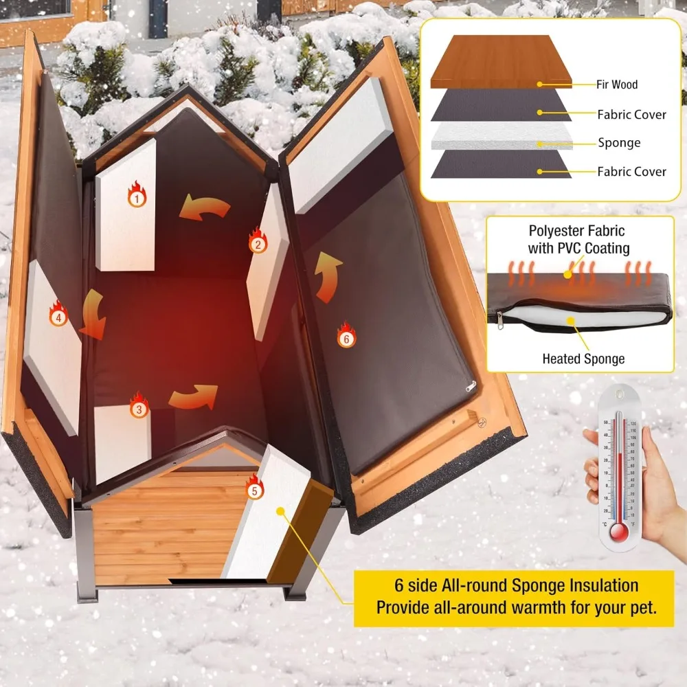 Dog House with Insulated Liner Anti-Chewing Metal Frame Design Insulated Wooden Dog Kennel with Unique Design Roof, Weatherproof