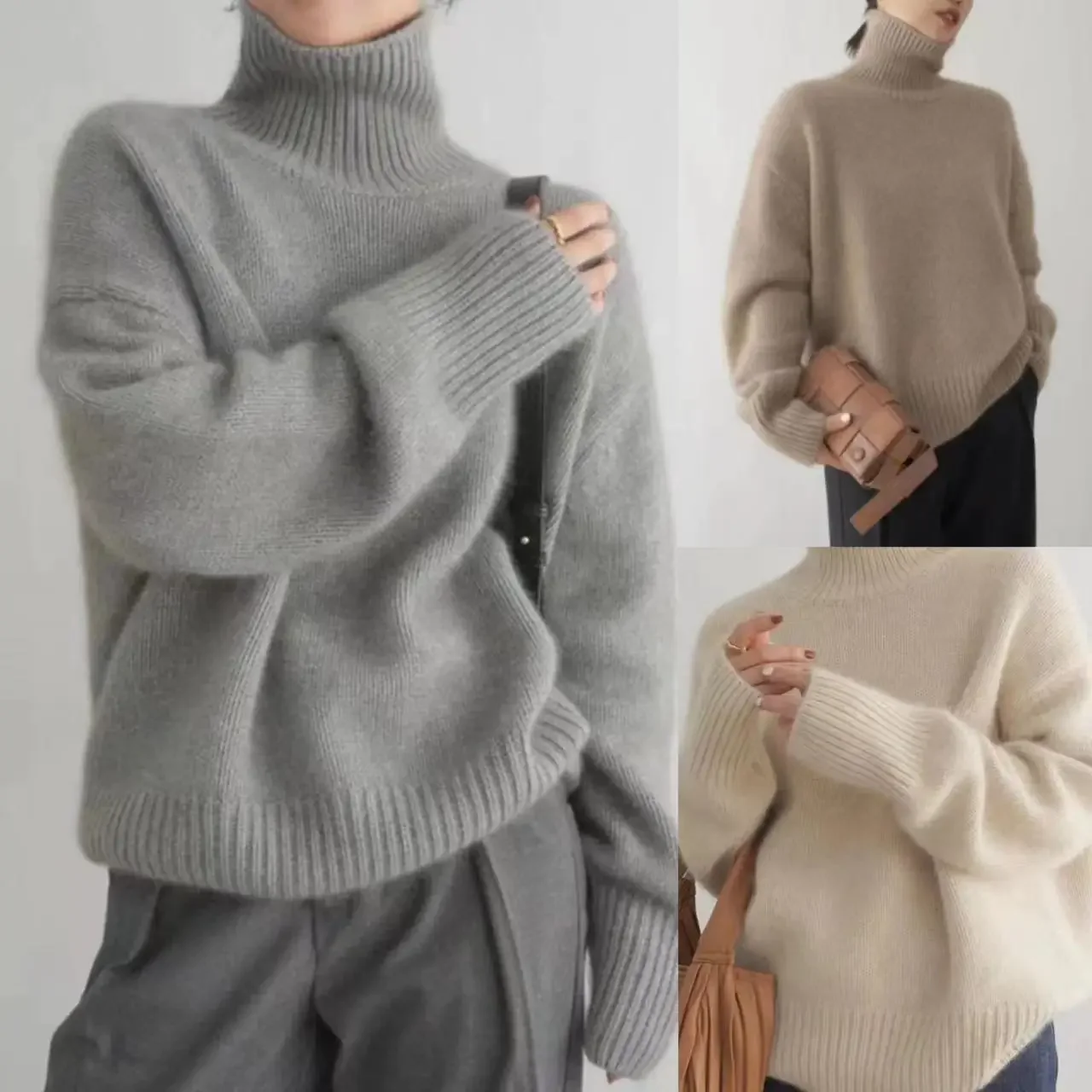 Women Autumn Winter Sweater Solid Color Turtleneck Long Sleeve Casual Fashion Warm Elegant Comfortable Regular Standard Sweater