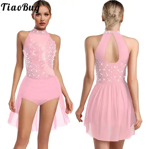 Women Leotard Figure Skating Dress Lyrical Modern Dance Costume Sleeveless Sheer Mesh Skirt Bodysuit Dress Performance Dancewear