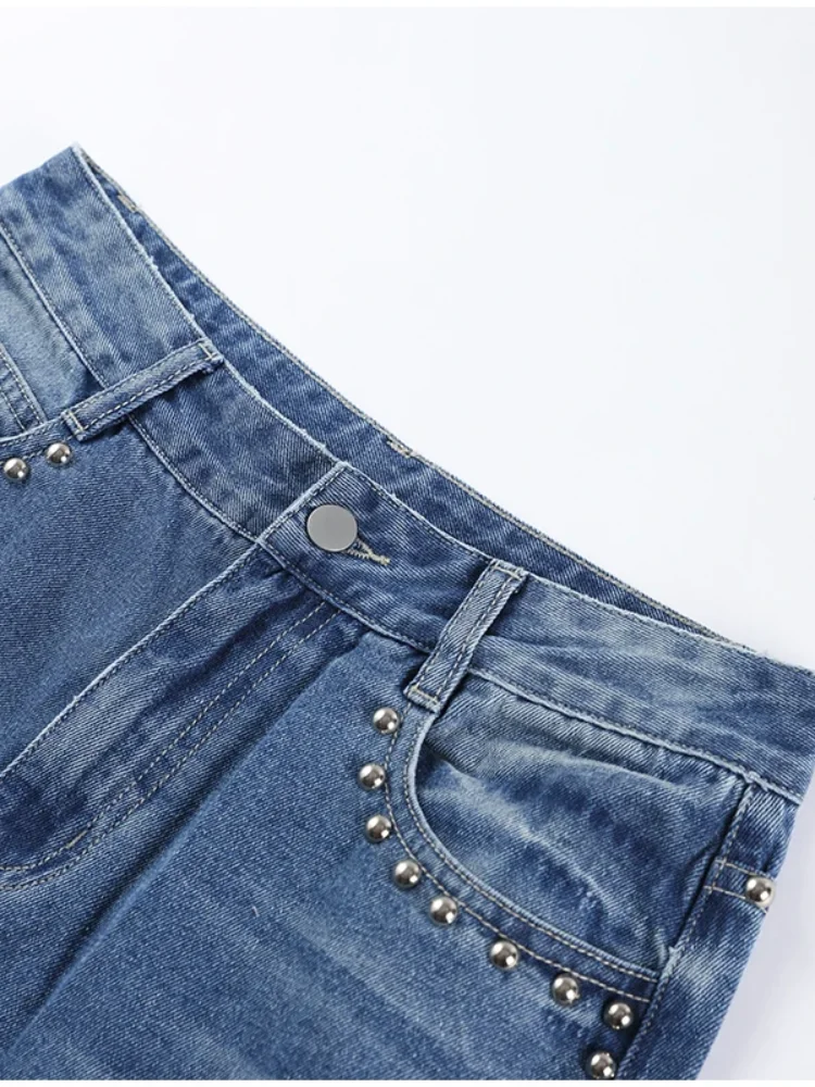 

Женские джинсовые брюки с металлическими заклепками, прямые мешковатые широкие джинсы с высокой талией, элегантные повседневные брюки для уличной одежды 2025