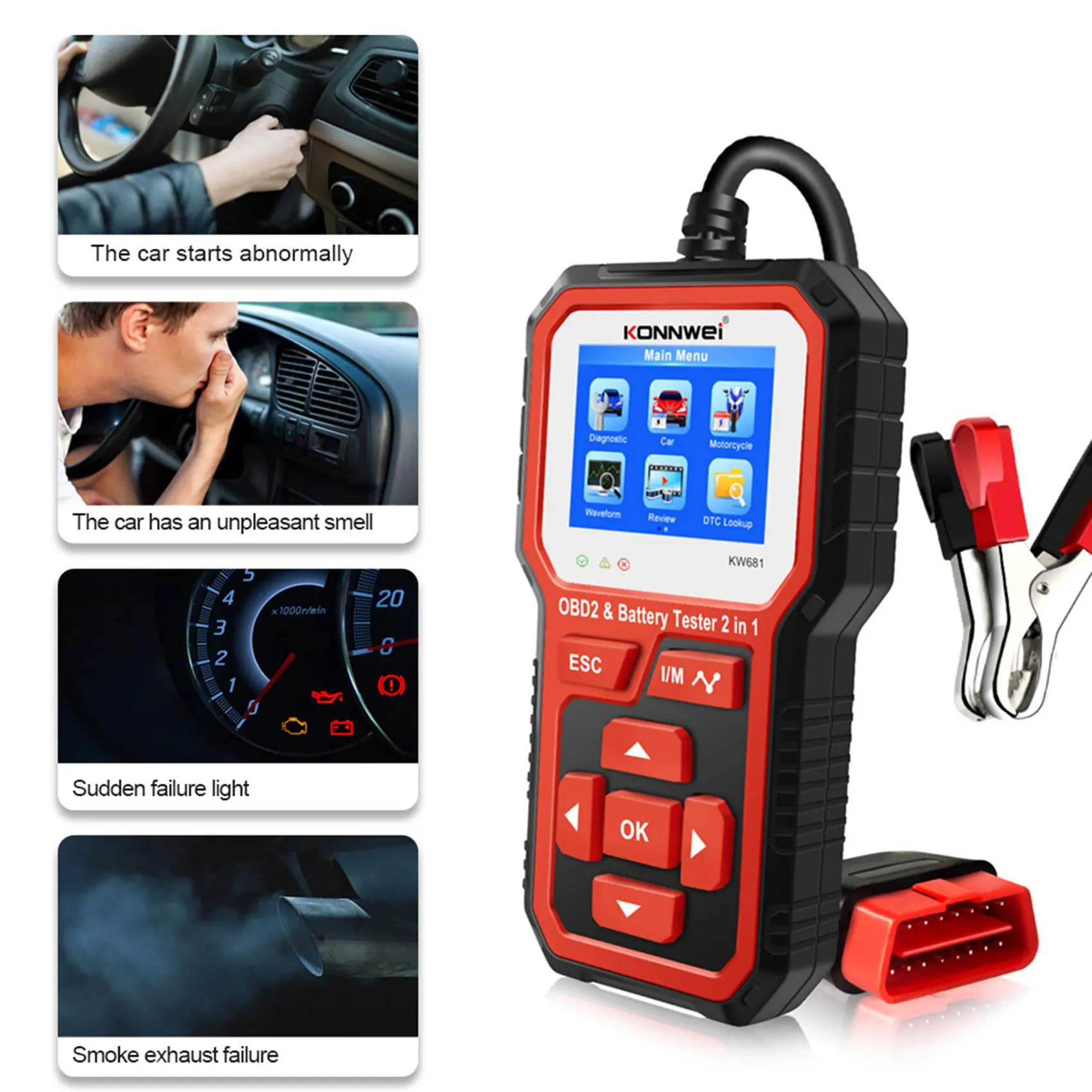 KONNWEI KW681 Car Battery Tester OBD2 Scanner Tools 2 in 1 6-12V OBD2 Car Fault Diagnosis Tool Support 9 Languages