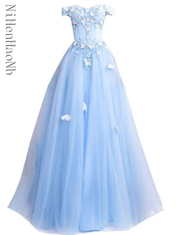 Blue Luxury Party Dress for Women Wedding Off Shoulder Bridal Evening Formal Quinceanera Dresses