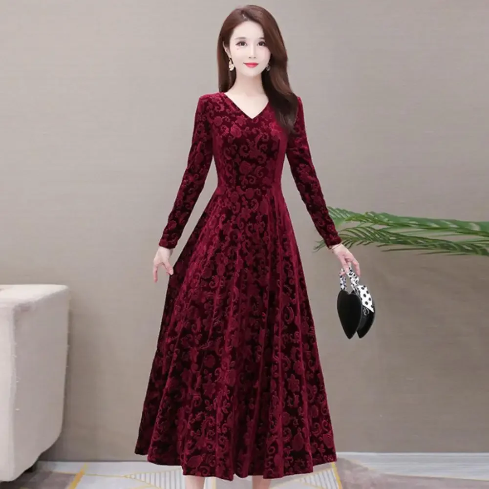 Women Dress Velvet Big Swing Skirt Dress Floral Pattern V Neck Spring Elegant Long Dress Wedding Female Robe Ladies Vestidos