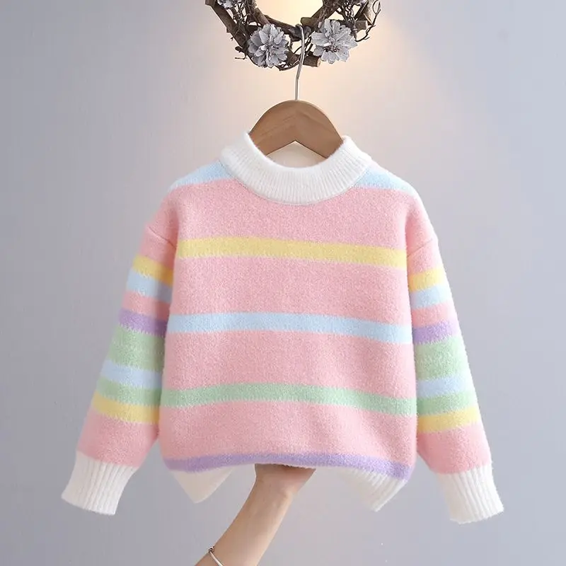 Autumn and Winter Girls' Pullover Round Neck Patchwork Striped Screw Thread Knitted Fashion Casual Elegant Long Sleeve Sweater