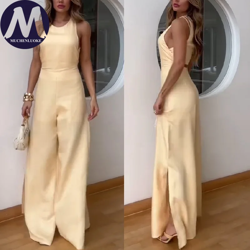 

Woman Jumpsuit 2025 Summer New Sexy Sleeveless O Neck Jumpsuits Fashionable Casual Loose High Waisted Straight Leg Jumpsuit